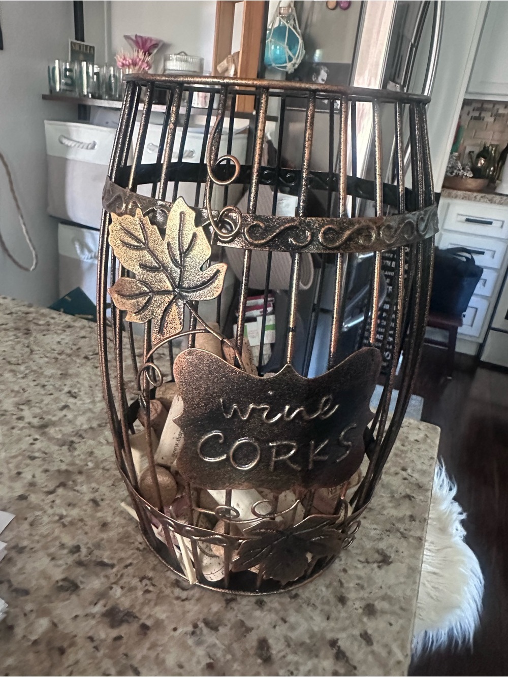 Metal Wine Cork Holder with Leaf Accents - Bronze Finish